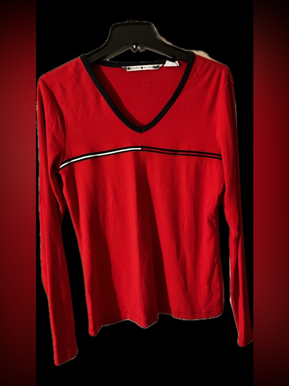 Tommy Hilfiger Red Long-Sleeve V-Neck Top with Contrast Stripe - Picture 1 of 5